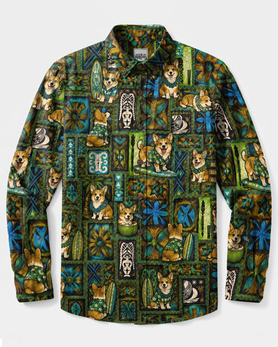 VINTAGE TRIBAL CORGI DOG PATCHWORK LONG SLEEVE BUTTON-DOWN SHIRT - TLNO0309267