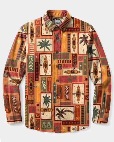 RETRO TIKI KAYAK MOSAIC LONG SLEEVE BUTTON-DOWN SHIRT - TLNO2408263