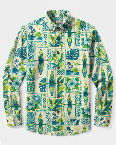 TROPICAL KAYAK PATCHWORK LONG SLEEVE BUTTON-DOWN SHIRT - TLNO2508262