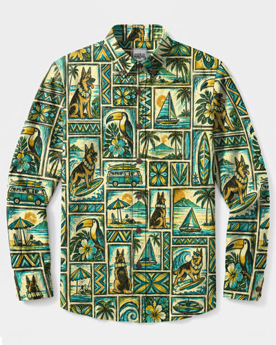 GERMAN SHEPHERD ISLAND FOLK PATCHWORK LONG SLEEVE BUTTON-DOWN SHIRT  - TLNO1609262