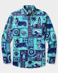 CORGI DOG ISLAND PATCHWORK LONG SLEEVE BUTTON-DOWN SHIRT - TLNO2008261