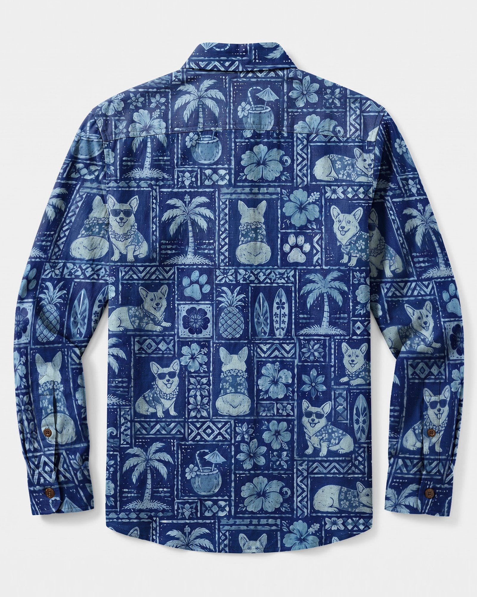ALOHA CORGI DOG PATCHWORK LONG SLEEVE BUTTON-DOWN SHIRT
