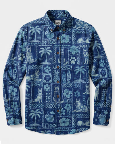 ALOHA GERMAN SHEPHERD DOG PATCHWORK BUTTON-DOWN LONG SLEEVE SHIRT - TLNO1808262