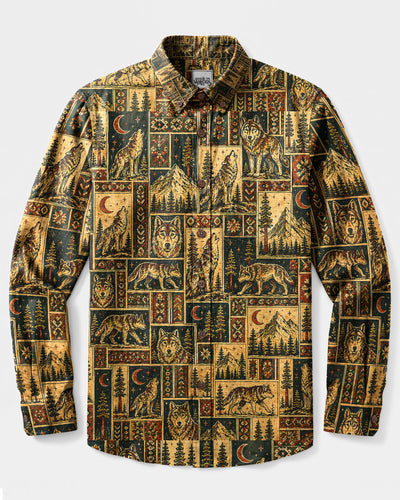 VINTAGE WILDERNESS WOLF PATCHWORK LONG SLEEVE BUTTON-DOWN SHIRT - TLNT2408266