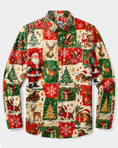 DACHSHUND DOG VINTAGE CHRISTMAS PATCHWORK LONG SLEEVE BUTTON-DOWN SHIRT  - TLTW0210266