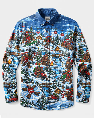 BIGFOOT'S FESTIVE ALPINE ADVENTURE CHRISTMAS LONG SLEEVE BUTTON-DOWN SHIRT  - TLNT0510263