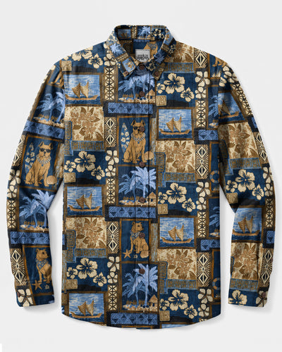 VINTAGE BEACH PITBULL DOG COLLAGE  BUTTON-DOWN LONG SLEEVE SHIRT - TLTW1808264
