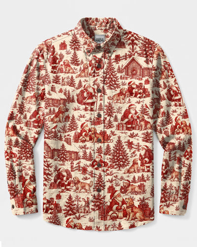 CHRISTMAS TOWN GOLDEN RETRIEVER DOG TOILE LONG SLEEVE BUTTON-DOWN SHIRT  - TLTW0310265