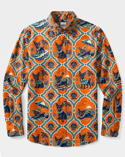 RETRO BEACH CHIHUAHUA DOG PATCHWORK LONG SLEEVE BUTTON-DOWN SHIRT - TLTW2808264