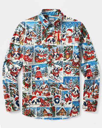 FRENCH BULLDOG CHRISTMAS PATCHWORK LONG SLEEVE BUTTON-DOWN SHIRT  - TLNO3009269