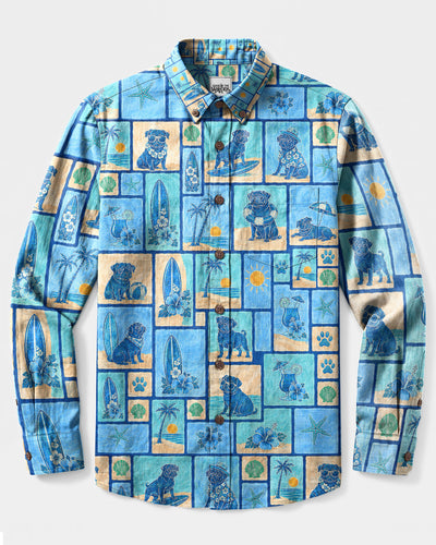 PUG DOG COASTAL MOSAIC BUTTON-DOWN LONG SLEEVE SHIRT - TLNT1808265