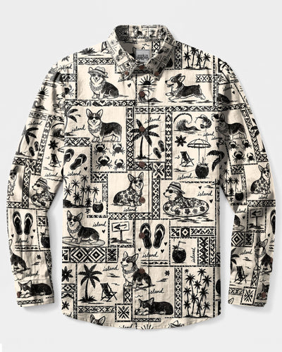 CORGI DOG ISLAND SKETCH PATCHWORK LONG SLEEVE BUTTON-DOWN SHIRT - TLTW20082610