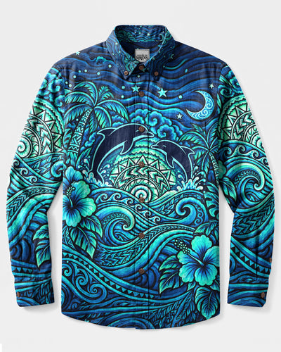 TRIBAL SUNSET TWILIGHT DOLPHINS LONG SLEEVE BUTTON-DOWN SHIRT  - TLNT12092610