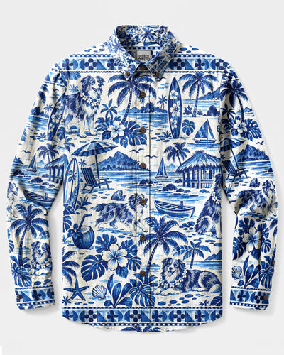 AUSTRALIAN SHEPHERD ISLAND TOILE LONG SLEEVE BUTTON-DOWN SHIRT - TLHG1509264