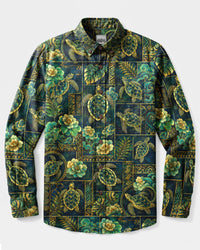 GILDED SEA TURTLE PATCHWORK LONG SLEEVE BUTTON-DOWN SHIRT - TLNT0409263