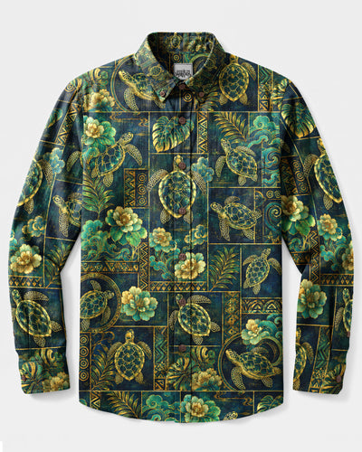 GILDED SEA TURTLE PATCHWORK LONG SLEEVE BUTTON-DOWN SHIRT - TLNT0409263