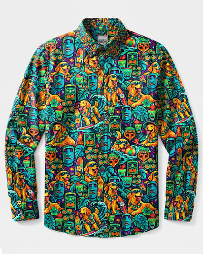 GOLDEN RETRIEVER TIKI BEACH PARTY LONG SLEEVE BUTTON-DOWN SHIRT  - TLTW2310264