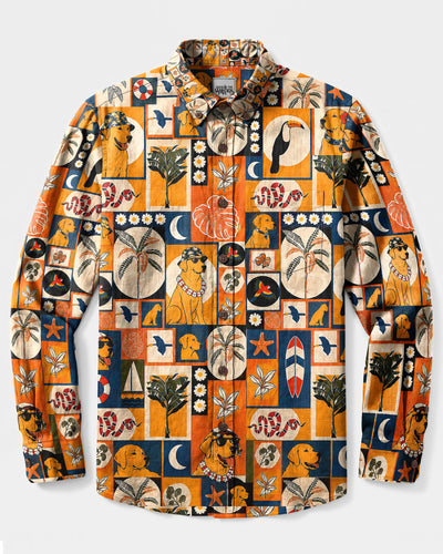 TROPICAL RETRO LABRADOR DOG PATCHWORK LONG SLEEVE BUTTON-DOWN SHIRT  - TLHG1808266