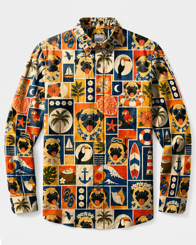 RETRO LAGOON PUG DOG PATCHWORK LONG SLEEVE BUTTON-DOWN SHIRT - TLTW2108269