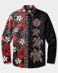 TROPICAL TRIBAL SEA TURTLE LONG SLEEVE BUTTON-DOWN SHIRT  - TLTW1409263
