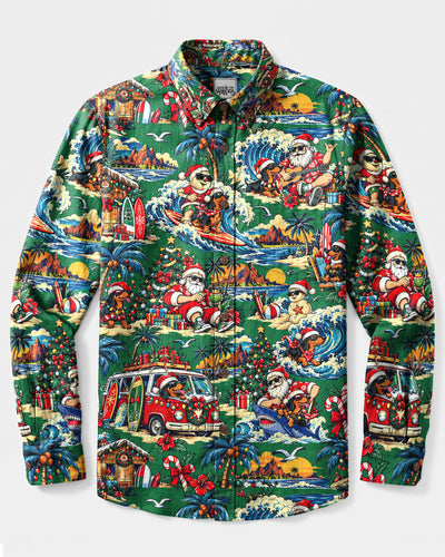 TROPICAL SANTA DACHSHUND DOG PATTERN CHRISTMAS LONG SLEEVE BUTTON-DOWN SHIRT  - TLNT1910263