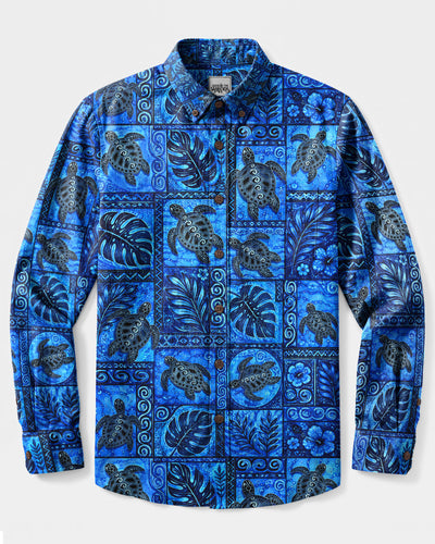 TRIBAL SEA TURTLE TROPICAL PATCHWORK LONG SLEEVE BUTTON-DOWN SHIRT  - TLHG2708263