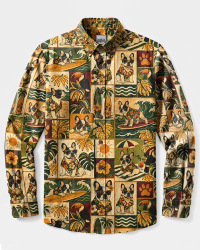 FRENCHIE COASTAL ESCAPE PATCHWORK FRENCH BULLDOG LONG SLEEVE BUTTON-DOWN SHIRT  - TLHG1808265