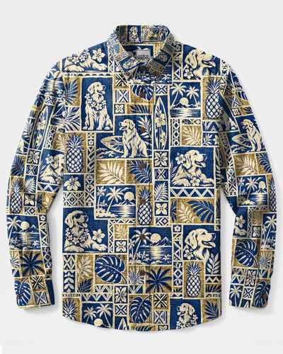 GOLDEN RETRIEVER DOG VINTAGE BEACH PATCHWORK LONG SLEEVE BUTTON-DOWN SHIRT - TLTW2809268