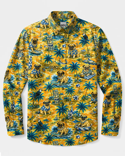 PUG DOG TIKI ISLAND PATTERN LONG SLEEVE BUTTON-DOWN SHIRT - TLTW2109265