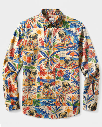 PUG DOG COASTAL ESCAPE PATCHWORK LONG SLEEVE BUTTON-DOWN SHIRT - TLNT1808268