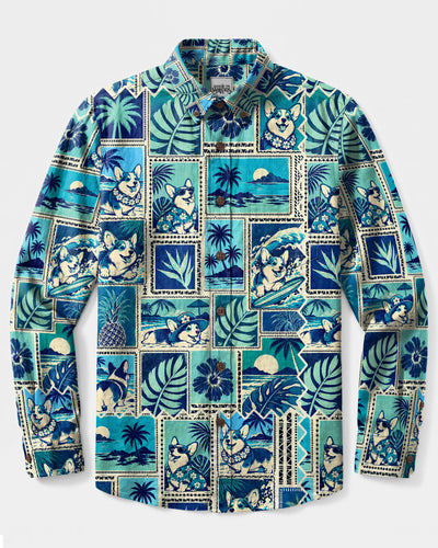 CORGI DOG ISLAND COLLAGE LONG SLEEVE BUTTON-DOWN SHIRT  - TLTW0810266