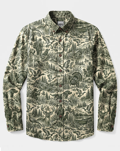 VINTAGE HUNTING NATURE TOILE PATTERN LONG SLEEVE BUTTON-DOWN SHIRT - TLNT2209263