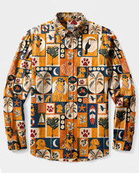 TROPICAL RETRO LABRADOR DOG PATCHWORK LONG SLEEVE BUTTON-DOWN SHIRT  - TLHG1808266