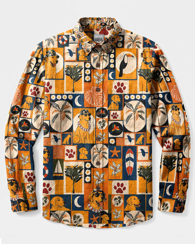 TROPICAL RETRO LABRADOR DOG PATCHWORK LONG SLEEVE BUTTON-DOWN SHIRT  - TLHG1808266