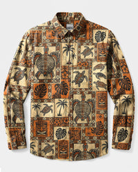 ISLAND SPIRIT TURTLE TRIBAL PATCHWORK LONG SLEEVE BUTTON-DOWN SHIRT  - TLNT26609264