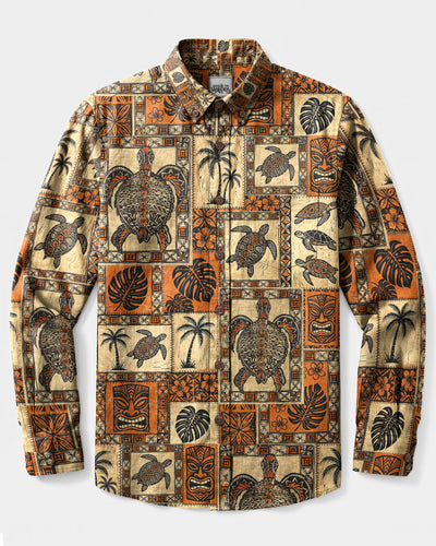 ISLAND SPIRIT TURTLE TRIBAL PATCHWORK LONG SLEEVE BUTTON-DOWN SHIRT  - TLNT26609264