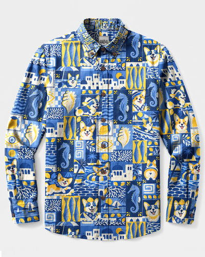 BEACH DAY CORGI DOG COLLAGE LONG SLEEVE BUTTON-DOWN SHIRT  - TLNT3009266