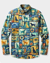 LABRADOR DOG LAGOON PATCHWORK LONG SLEEVE BUTTON-DOWN SHIRT - TLNT2508266
