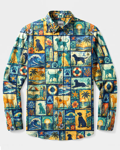 LABRADOR DOG LAGOON PATCHWORK LONG SLEEVE BUTTON-DOWN SHIRT - TLNT2508266