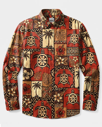 POLYNESIAN TURTLE PARADISE PATCHWORK LONG SLEEVE BUTTON-DOWN SHIRT  - TLTW1610264