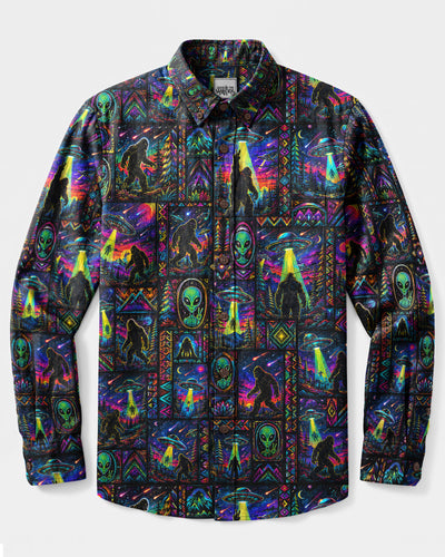 NEON BIGFOOT UFO PATCHWORK LONG SLEEVE BUTTON-DOWN SHIRT - TLHG2408266