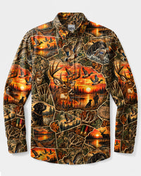 SUNSET WILDLIFE HUNTING COLLAGE LONG SLEEVE BUTTON-DOWN SHIRT - TLTW2309263