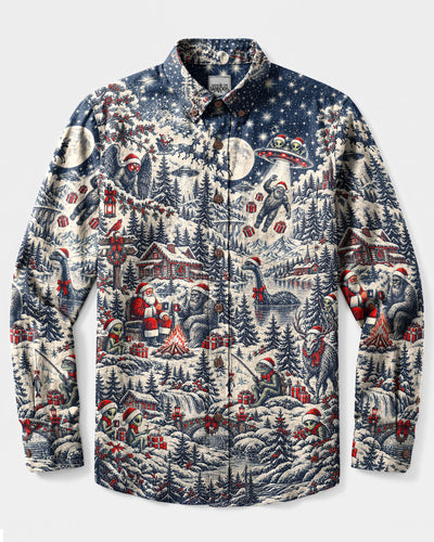 VINTAGE CRYPTID CHRISTMAS TOILE LONG SLEEVE BUTTON-DOWN SHIRT  - TLNT0310263
