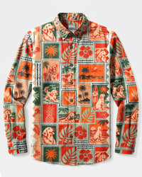 GOLDEN RETRIEVER DOG RETRO TROPICAL COLLAGE LONG SLEEVE BUTTON-DOWN SHIRT  - TLNT3009263