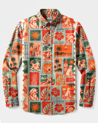 GOLDEN RETRIEVER DOG RETRO TROPICAL COLLAGE LONG SLEEVE BUTTON-DOWN SHIRT  - TLNT3009263