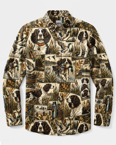 RUSTIC DUCK HUNTING ENGLISH SPRINGER SPANIEL DOG COLLAGE LONG SLEEVE BUTTON-DOWN SHIRT - TLTW2409265