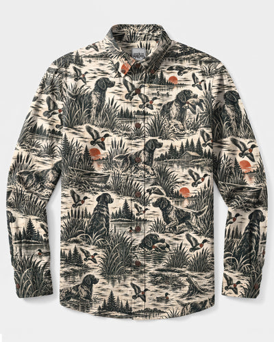 VINTAGE DUCK HUNTING ENGLISH SPRINGER SPANIEL TOILE PATTERN LONG SLEEVE  BUTTON-DOWN SHIRT - TLNO2109263