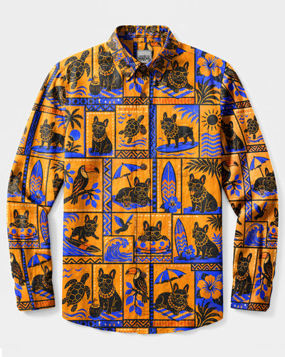FRENCH BULLDOG BEACH DAY PATCHWORK LONG SLEEVE BUTTON-DOWN SHIRT  - TLHG2608266