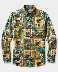 FRENCH BULLDOG ISLAND PARADISE PATCHWORK LONG SLEEVE BUTTON-DOWN SHIRT - TLNT2408263