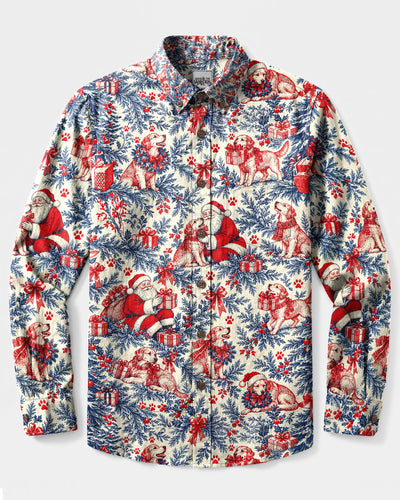LABRADOR & SANTA VINTAGE CHRISTMAS TOILE LONG SLEEVE BUTTON-DOWN SHIRT  - TLNT0210265